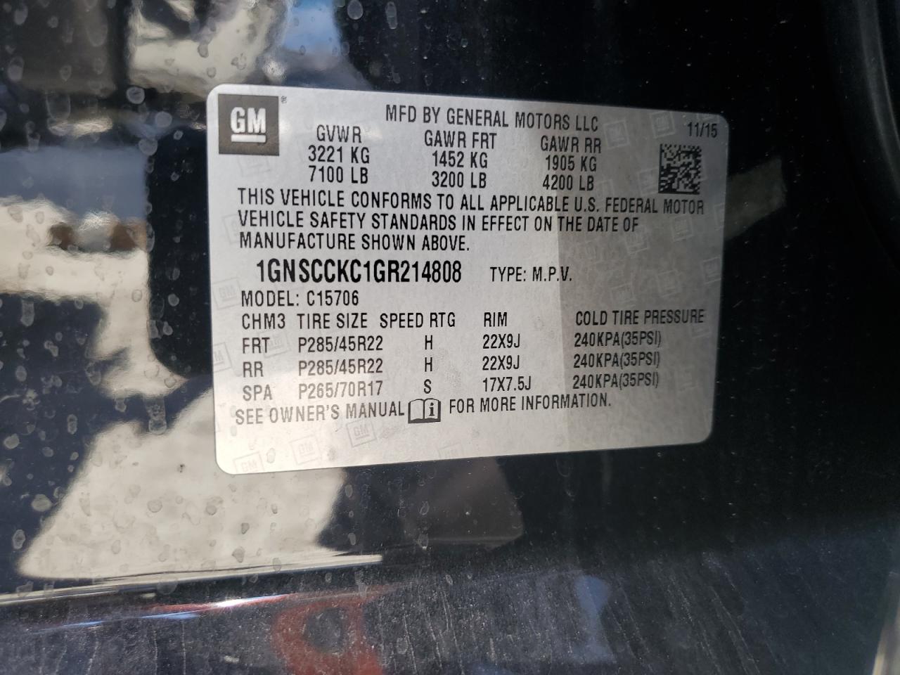 2016 Chevrolet Tahoe C1500 Ltz VIN: 1GNSCCKC1GR214808 Lot: 71932805