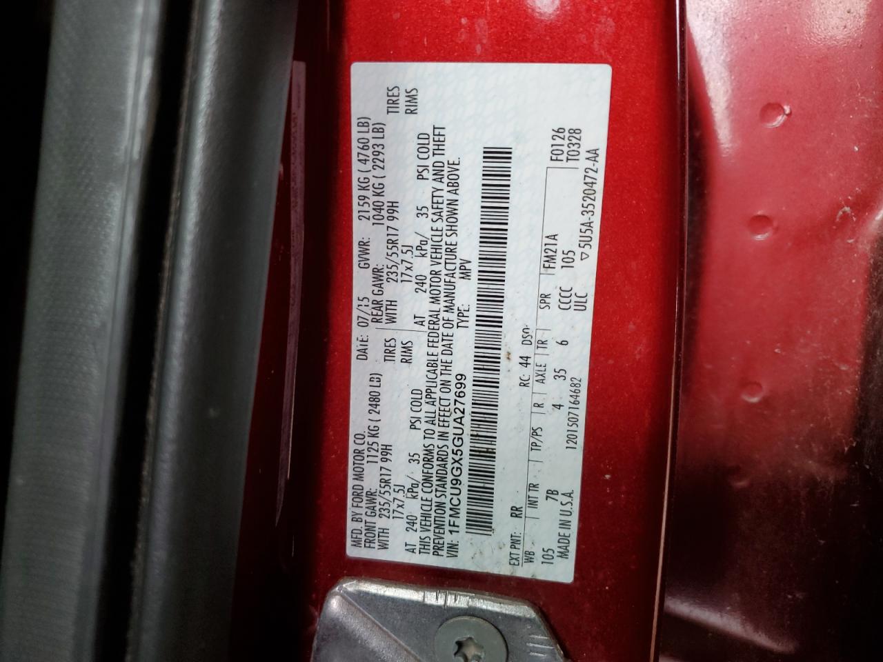 2016 Ford Escape Se VIN: 1FMCU9GX5GUA27699 Lot: 81258955