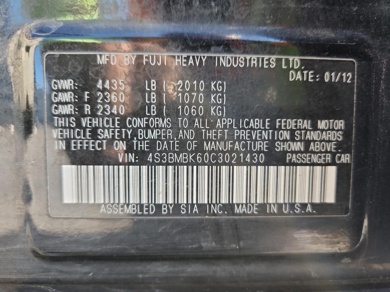 2012 Subaru Legacy 2.5I Limited VIN: 4S3BMBK60C3021430 Lot: 81792365