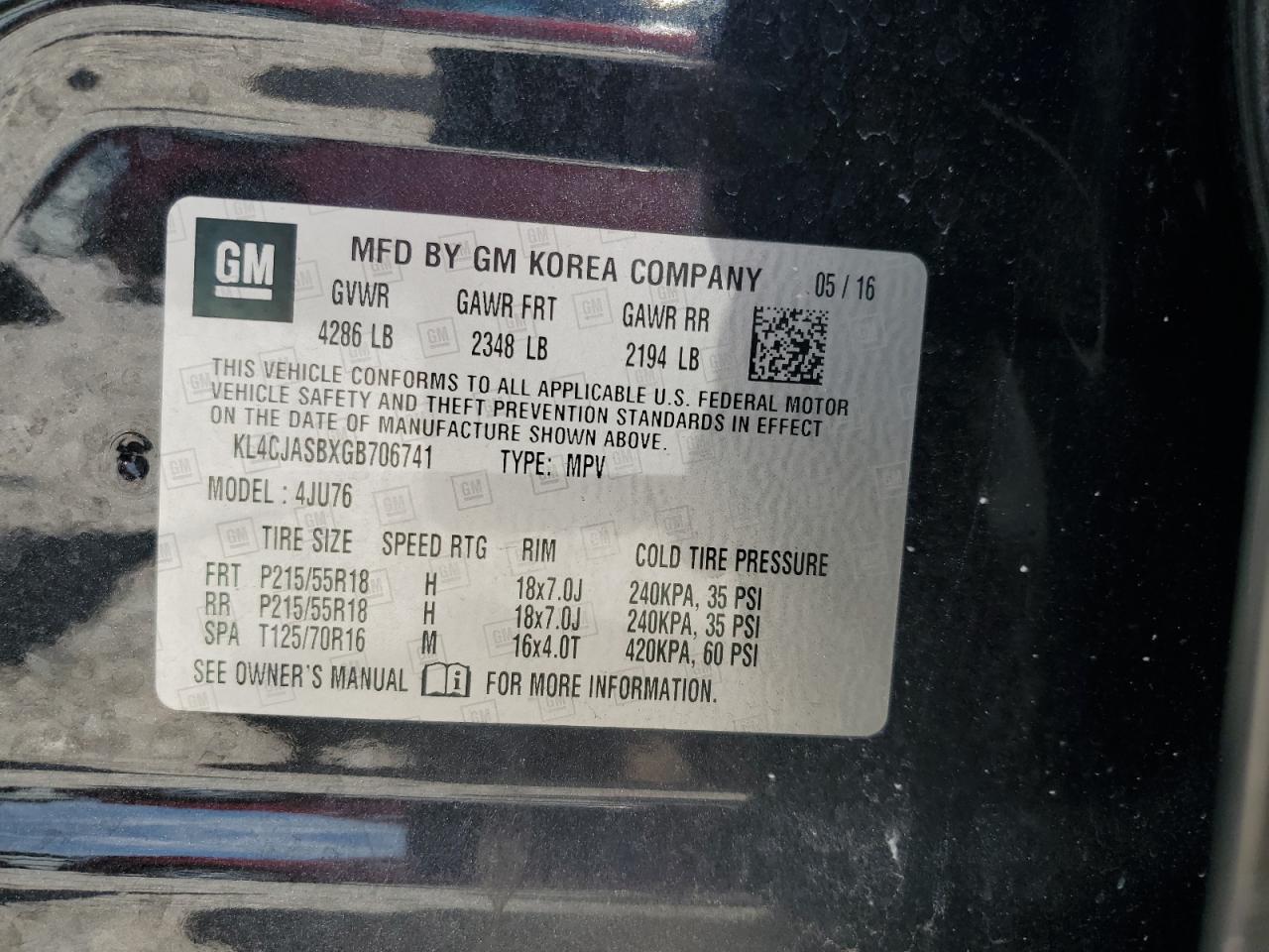 2016 Buick Encore VIN: KL4CJASBXGB706741 Lot: 71064735