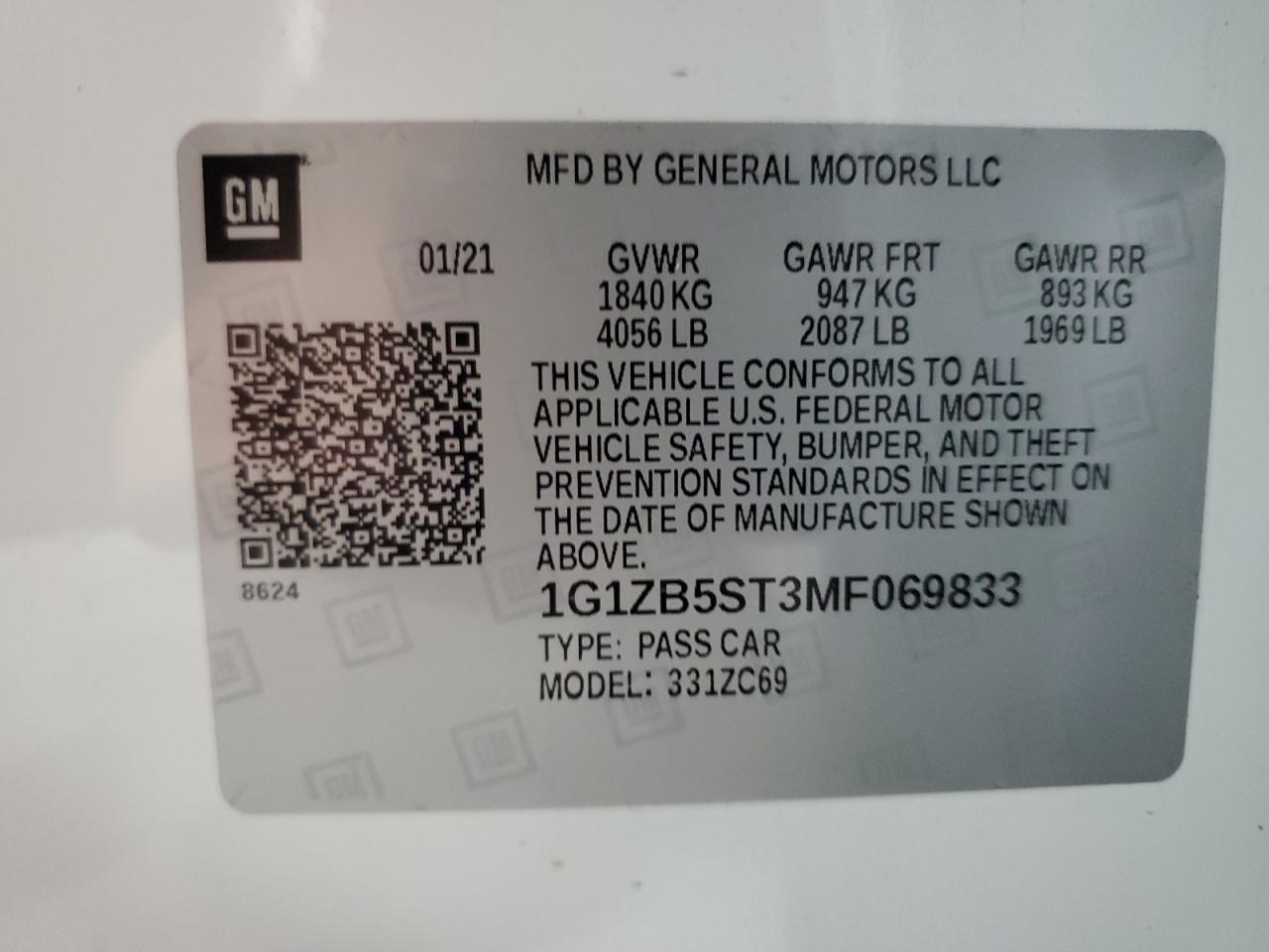 2021 Chevrolet Malibu Ls VIN: 1G1ZB5ST3MF069833 Lot: 84729865