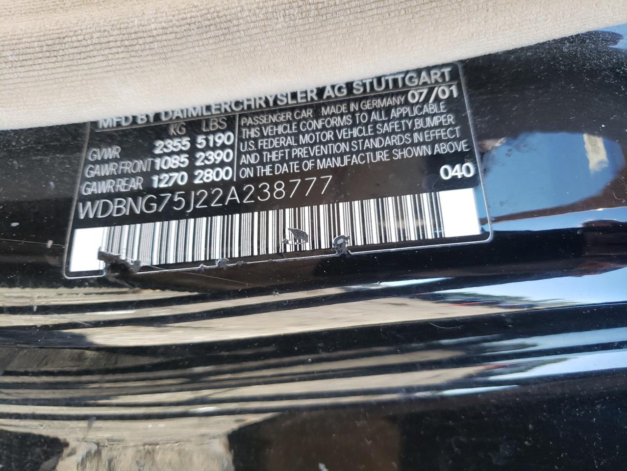 2002 Mercedes-Benz S 500 VIN: WDBNG75J22A238777 Lot: 71111895