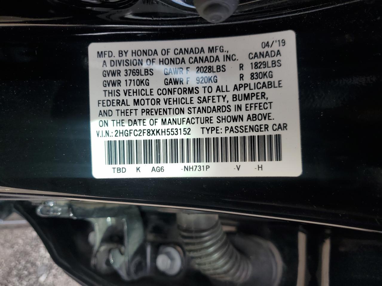 2019 Honda Civic Sport VIN: 2HGFC2F8XKH553152 Lot: 80579365