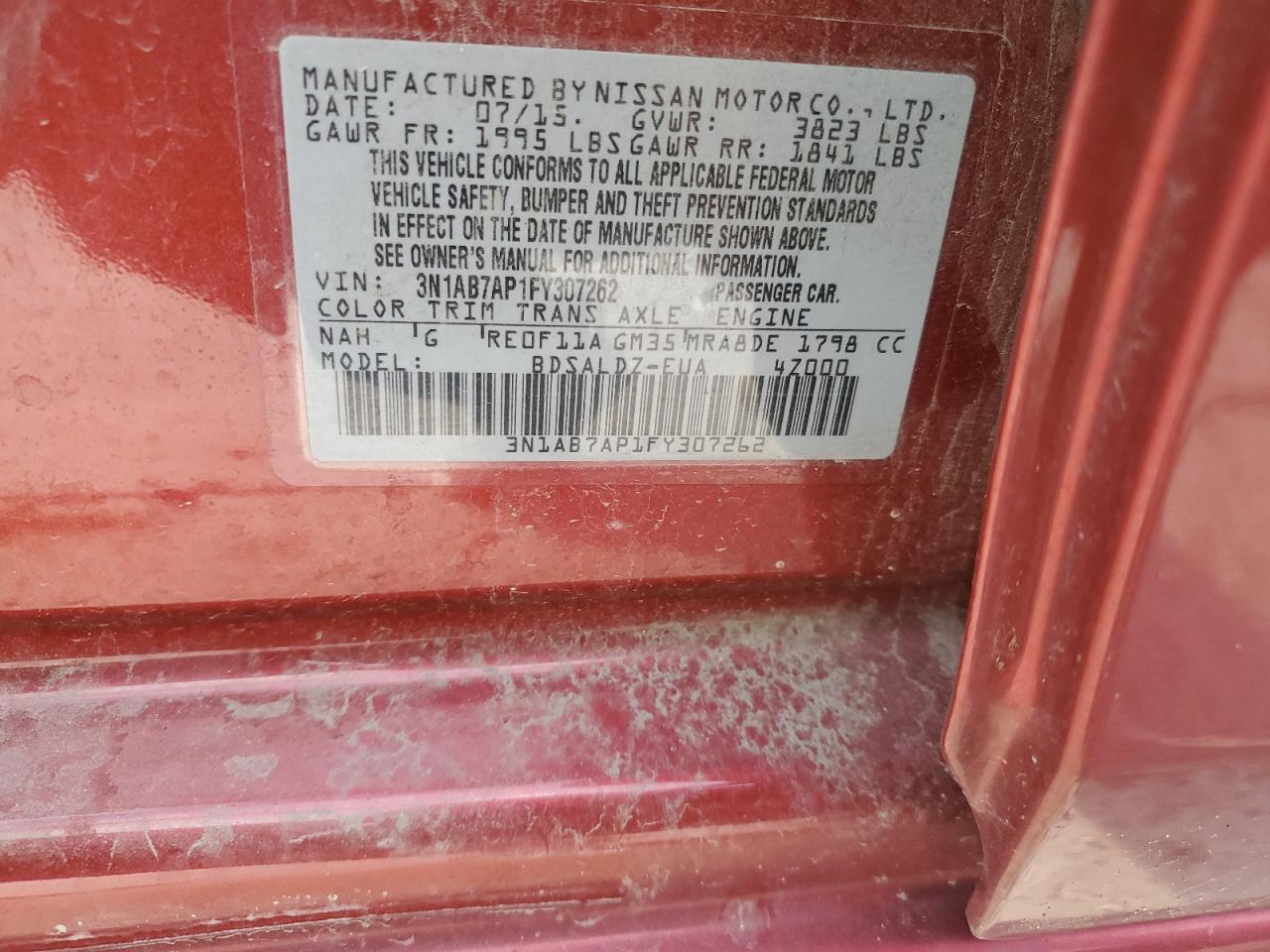 2015 Nissan Sentra S VIN: 3N1AB7AP1FY307262 Lot: 81589615