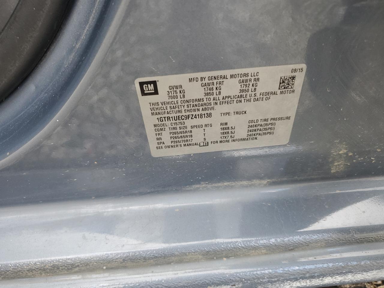 2015 GMC Sierra C1500 Sle VIN: 1GTR1UEC9FZ418138 Lot: 81826745