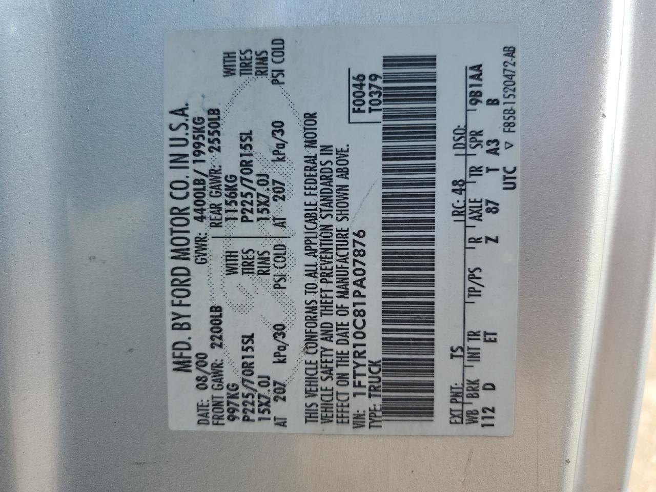 2001 Ford Ranger VIN: 1FTYR10C81PA07876 Lot: 81885235