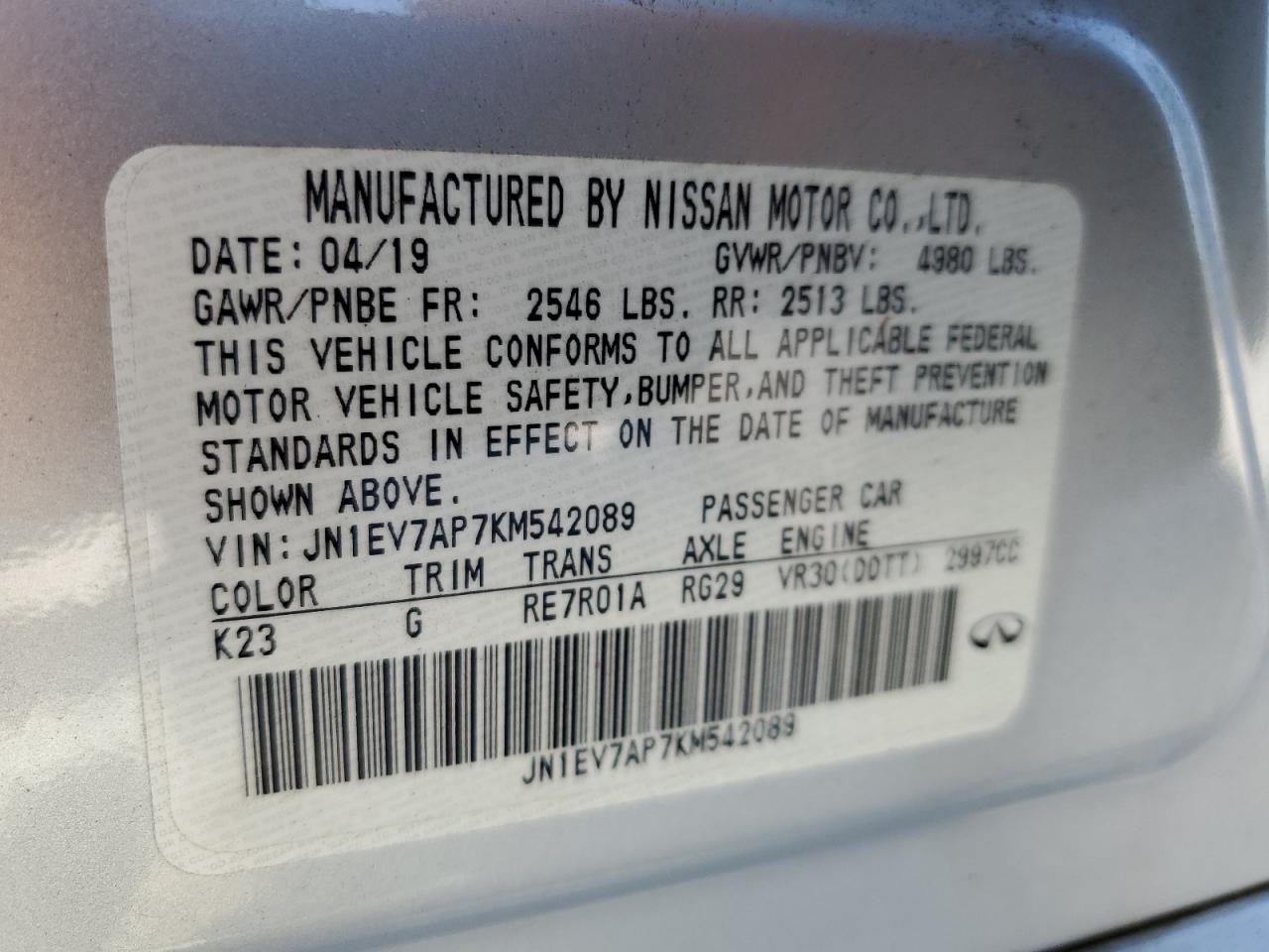 2019 Infiniti Q50 Luxe VIN: JN1EV7AP7KM542089 Lot: 71656455