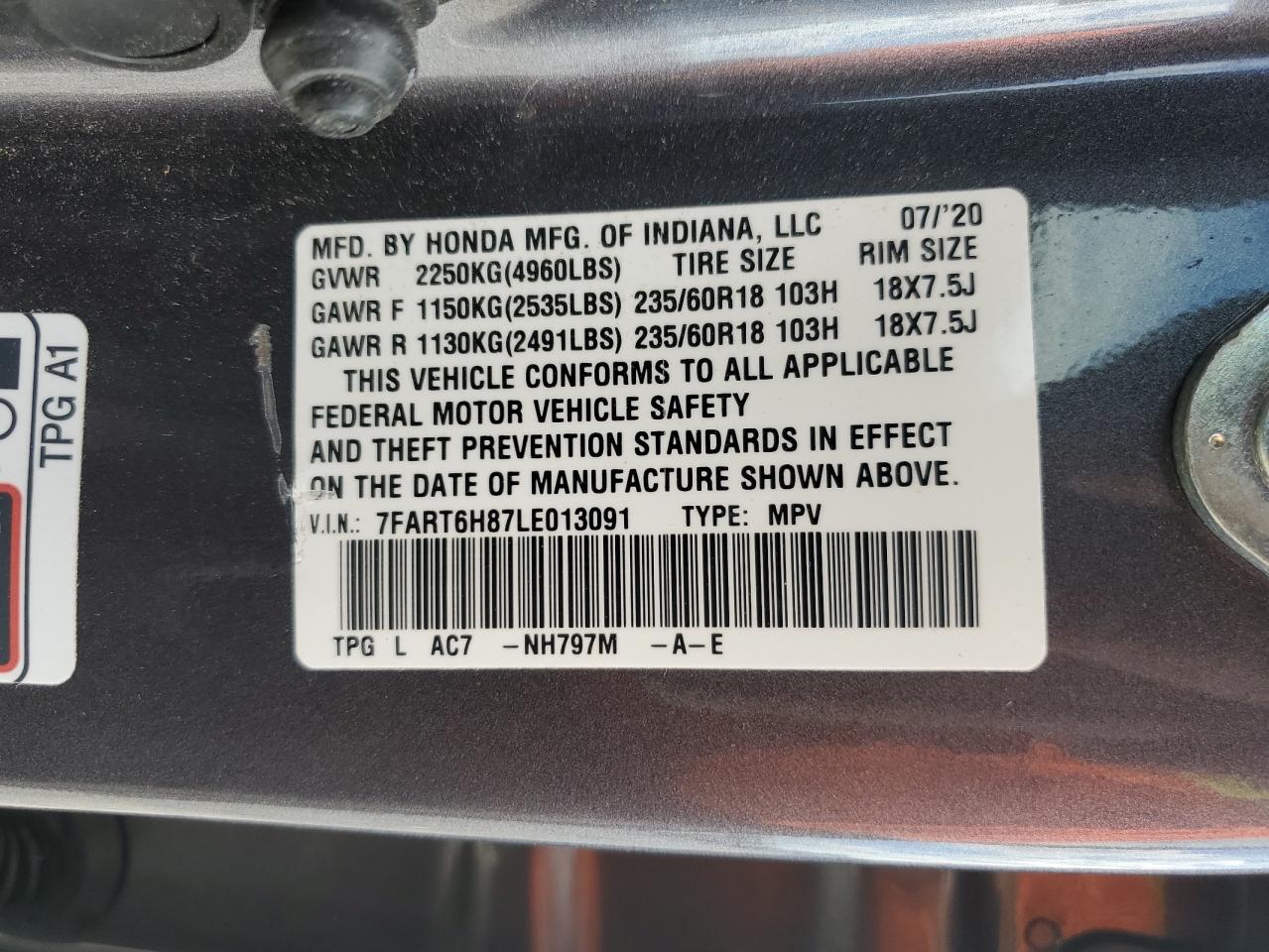 2020 Honda Cr-V Exl VIN: 7FART6H87LE013091 Lot: 81862835