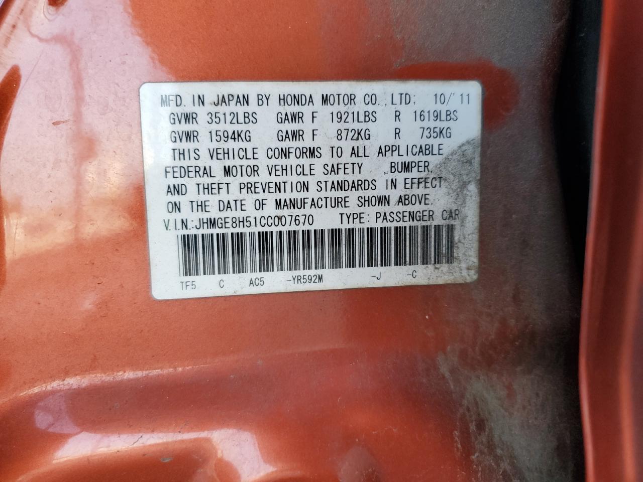 2012 Honda Fit Sport VIN: JHMGE8H51CC007670 Lot: 71954915