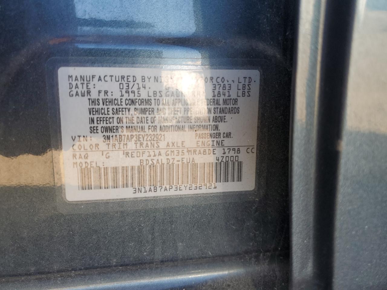 2014 Nissan Sentra S VIN: 3N1AB7AP3EY232921 Lot: 81929835