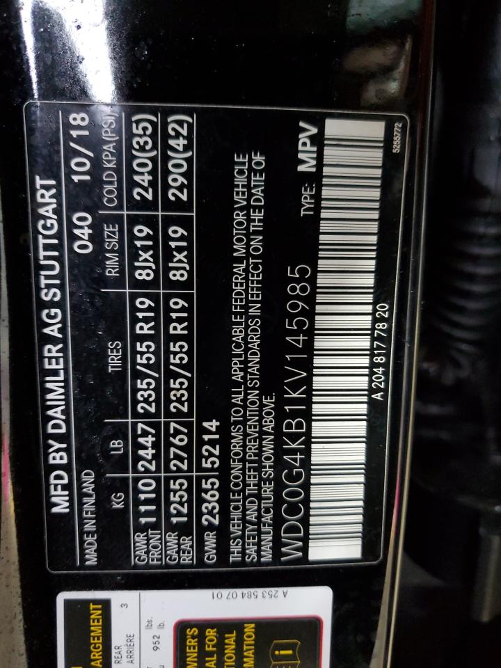 2019 Mercedes-Benz Glc 300 4Matic VIN: WDC0G4KB1KV145985 Lot: 83786645