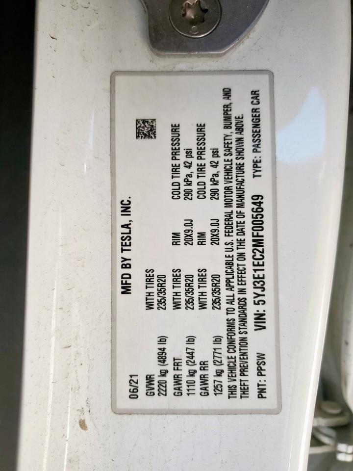 2021 Tesla Model 3 VIN: 5YJ3E1EC2MF005649 Lot: 71357825