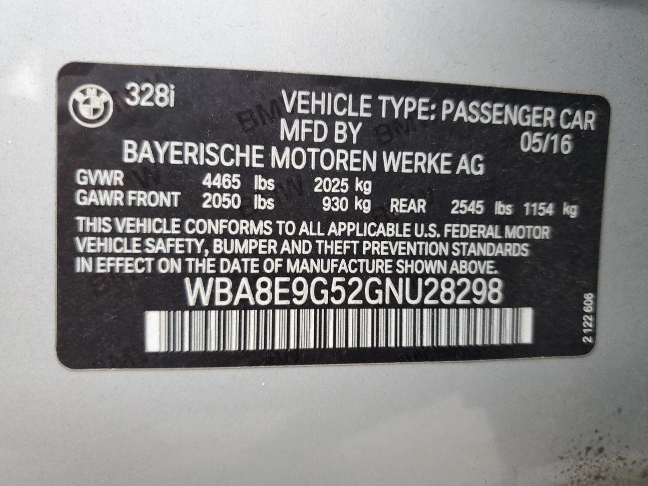 2016 BMW 328 I Sulev VIN: WBA8E9G52GNU28298 Lot: 70507005