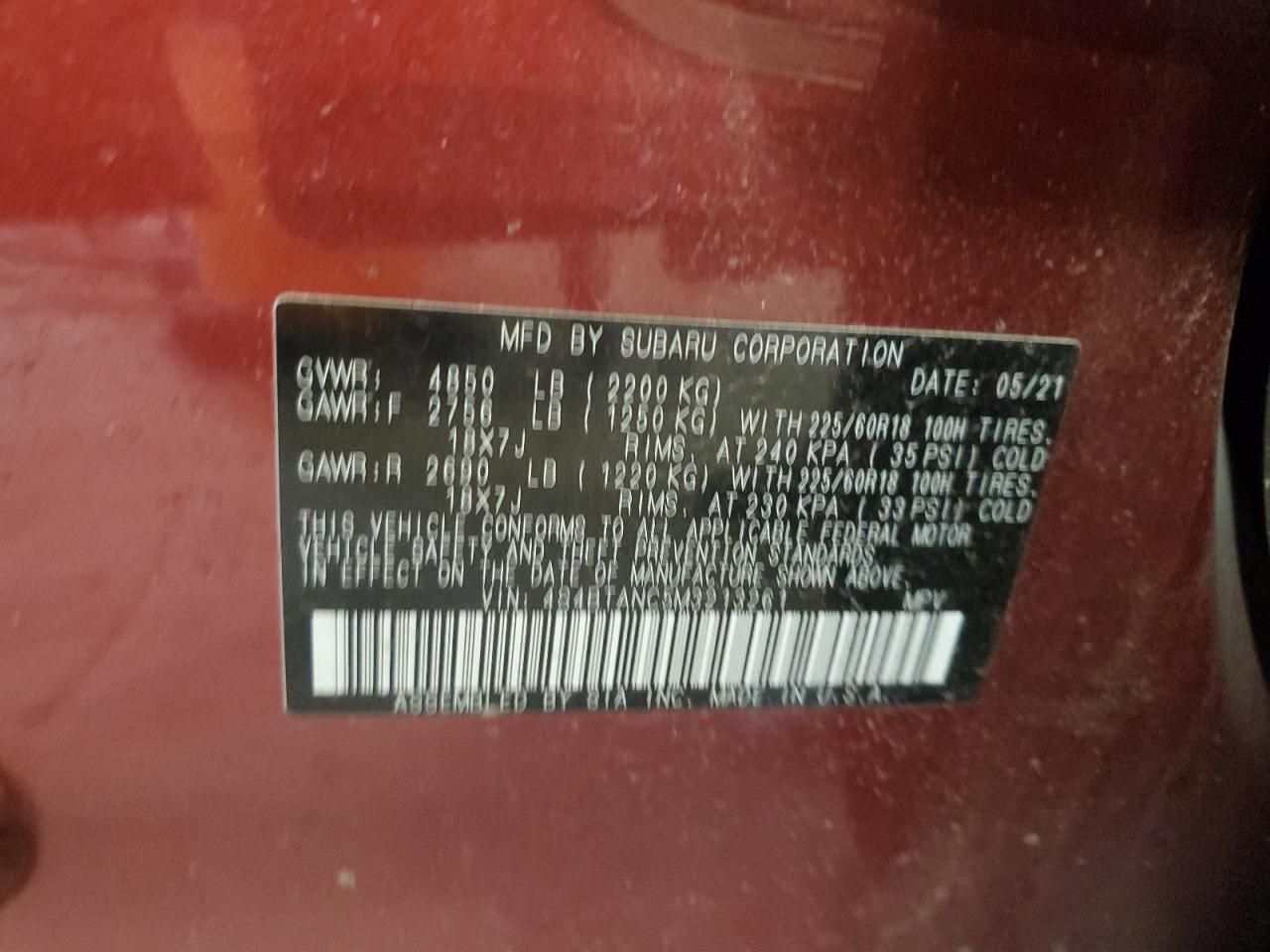 2021 Subaru Outback Limited VIN: 4S4BTANC5M3213261 Lot: 81101895