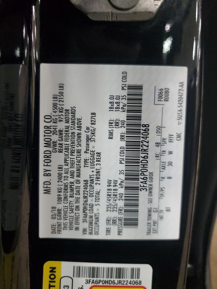 2018 Ford Fusion Se VIN: 3FA6P0HD6JR224068 Lot: 80909465