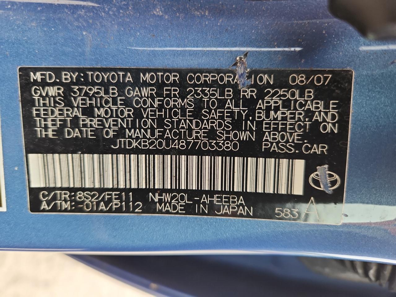 2008 Toyota Prius VIN: JTDKB20U487703380 Lot: 80397355