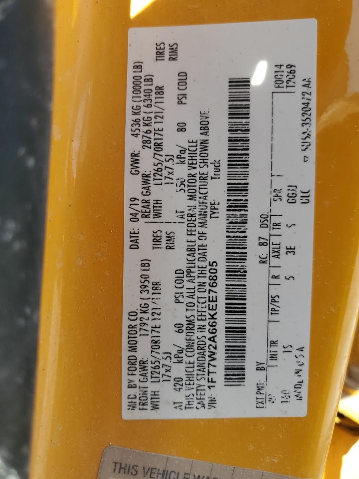 2019 Ford F250 Super Duty VIN: 1FT7W2A66KEE76805 Lot: 91319485