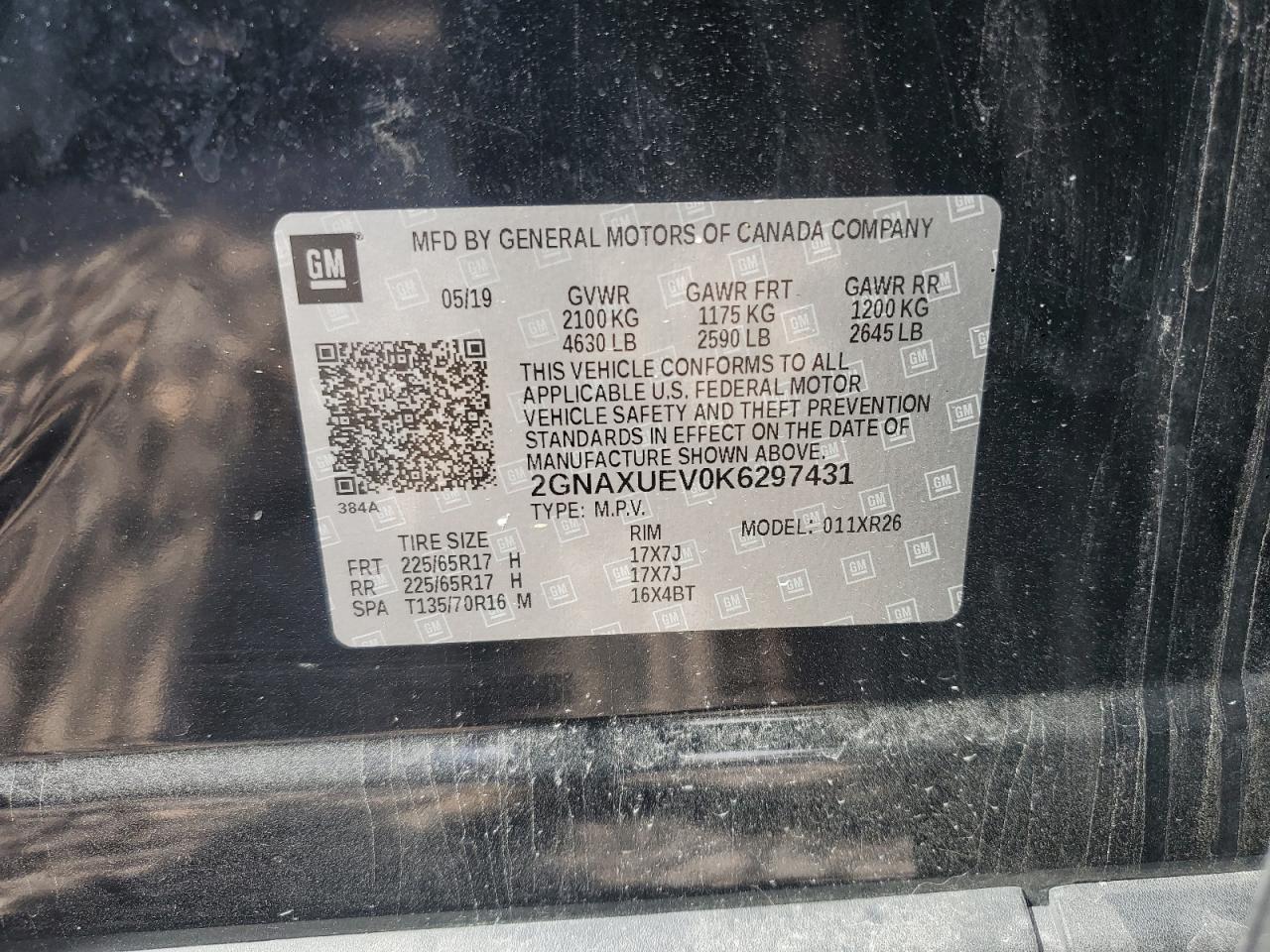 2019 Chevrolet Equinox Lt VIN: 2GNAXUEV0K6297431 Lot: 80518465