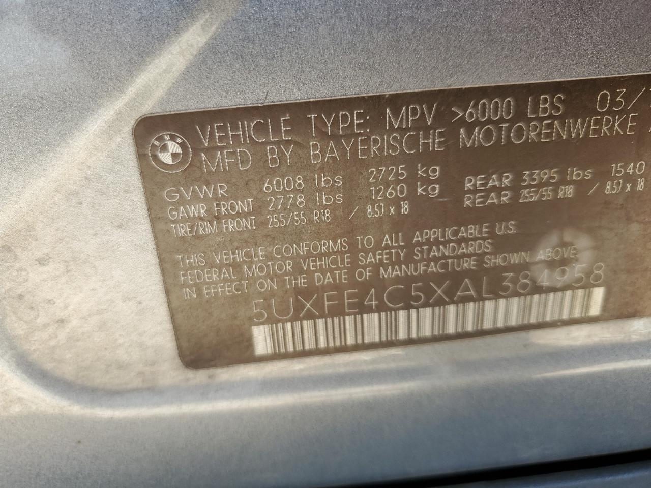2010 BMW X5 xDrive30I VIN: 5UXFE4C5XAL384958 Lot: 80896055