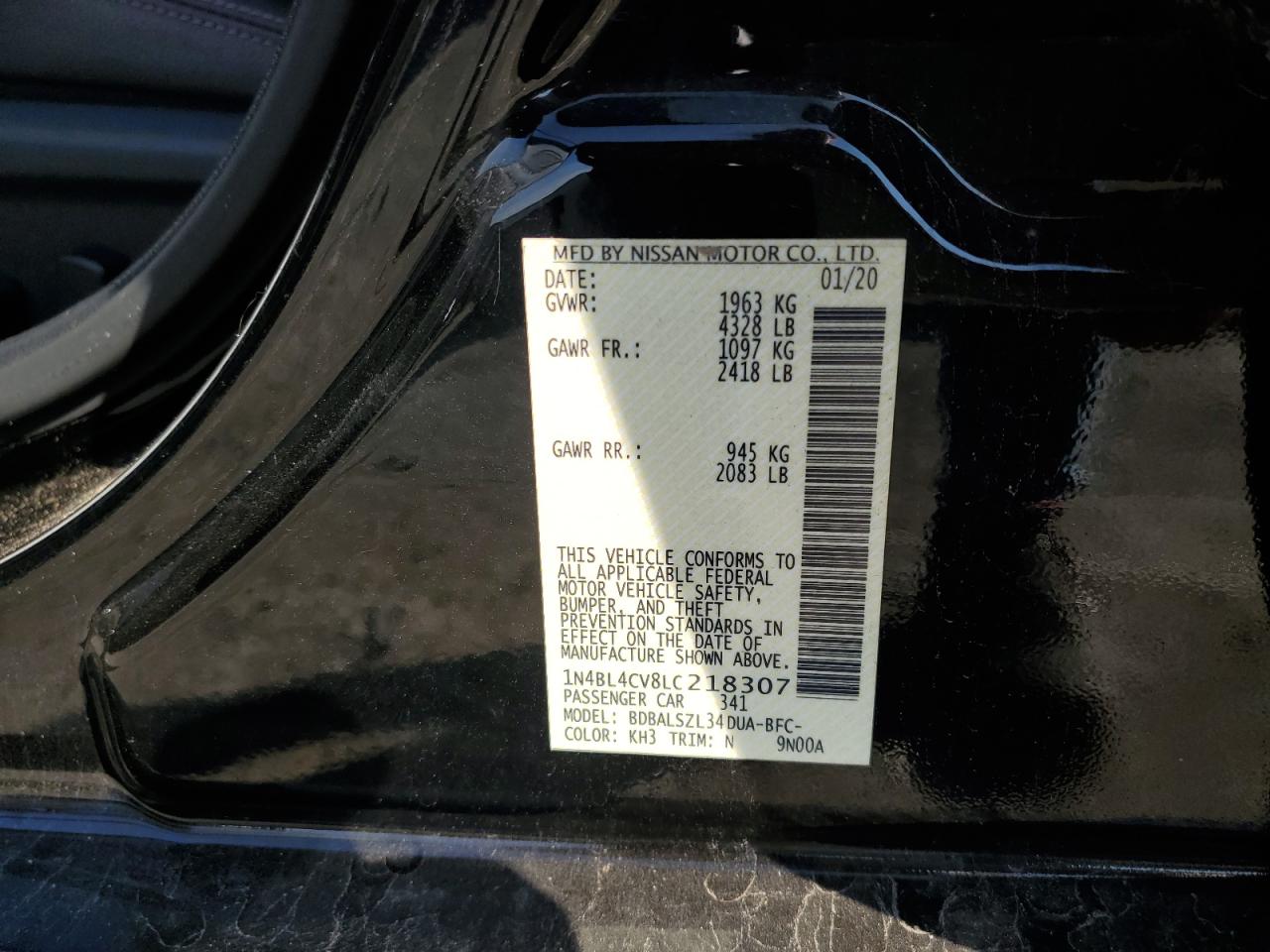 2020 Nissan Altima Sr VIN: 1N4BL4CV8LC218307 Lot: 81337165