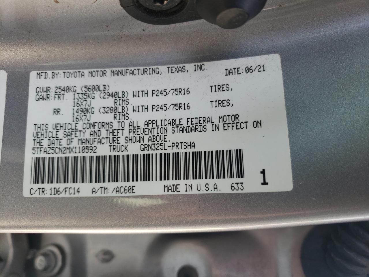 2021 Toyota Tacoma Double Cab VIN: 5TFAZ5CN2MX110592 Lot: 80720485