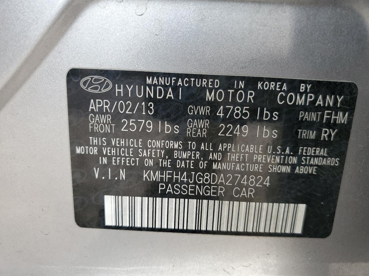 2013 Hyundai Azera Gls VIN: KMHFH4JG8DA274824 Lot: 81691625