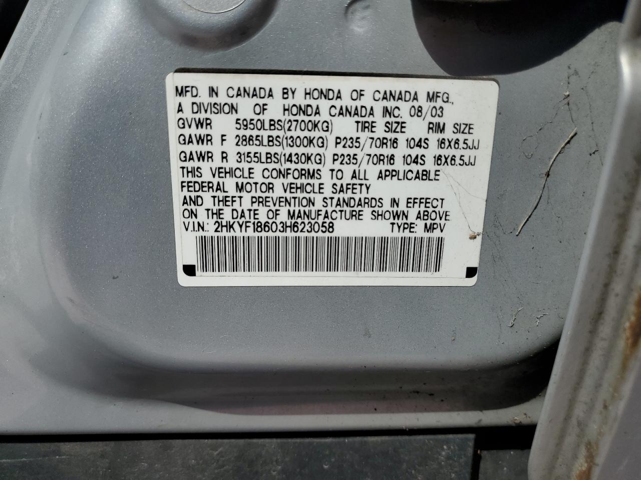 2003 Honda Pilot Exl VIN: 2HKYF18603H623058 Lot: 82060625