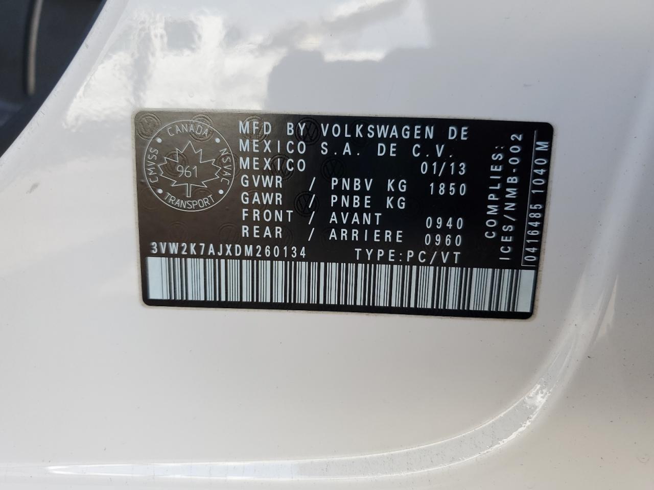 2013 Volkswagen Jetta Base VIN: 3VW2K7AJXDM260134 Lot: 80662785