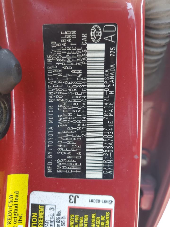 2010 Toyota Corolla Base VIN: 2T1BU4EE2AC416146 Lot: 80278625