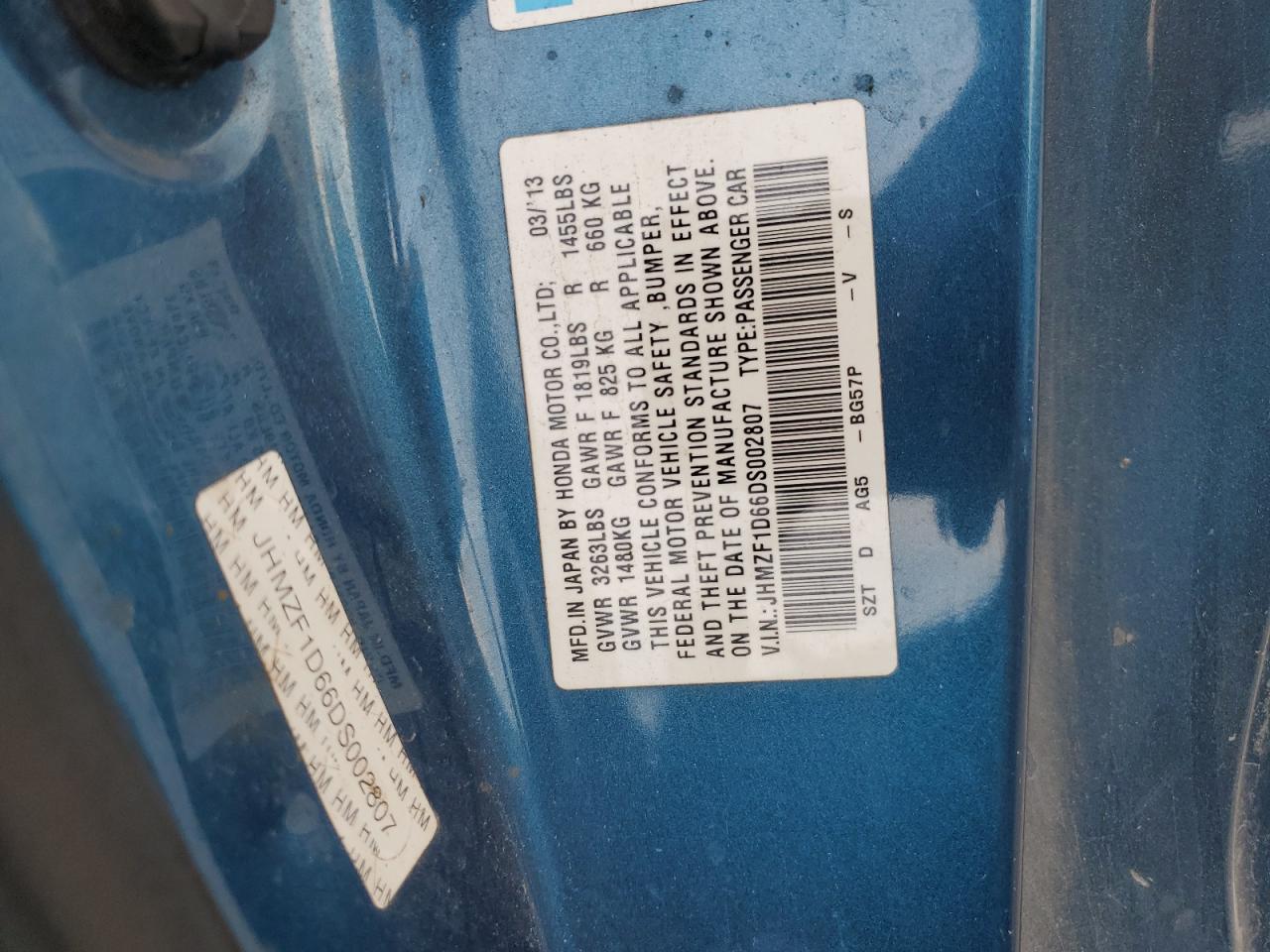 2013 Honda Cr-Z Ex VIN: JHMZF1D66DS002807 Lot: 80690675