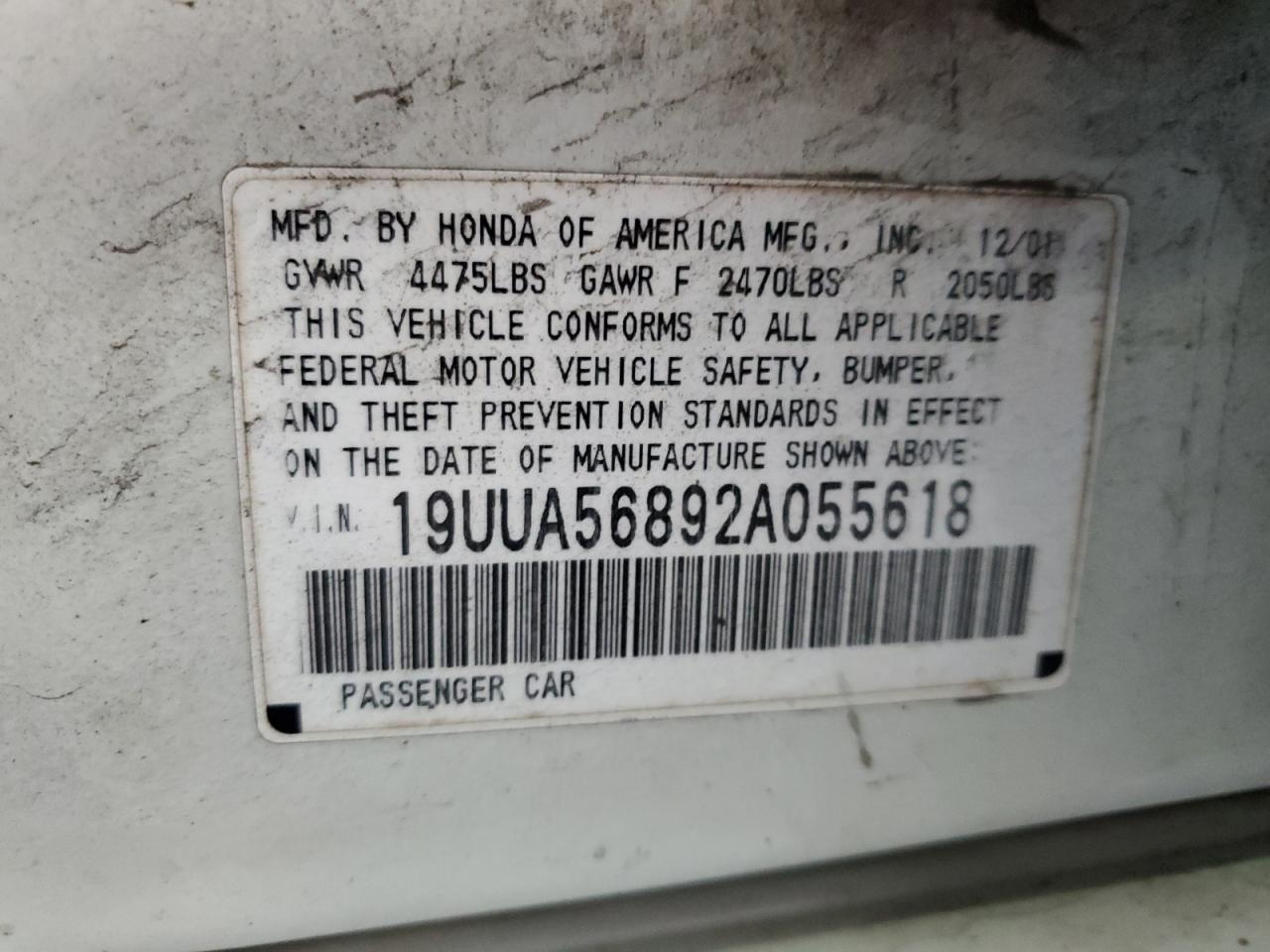 2002 Acura 3.2Tl Type-S VIN: 19UUA56892A055618 Lot: 71192115