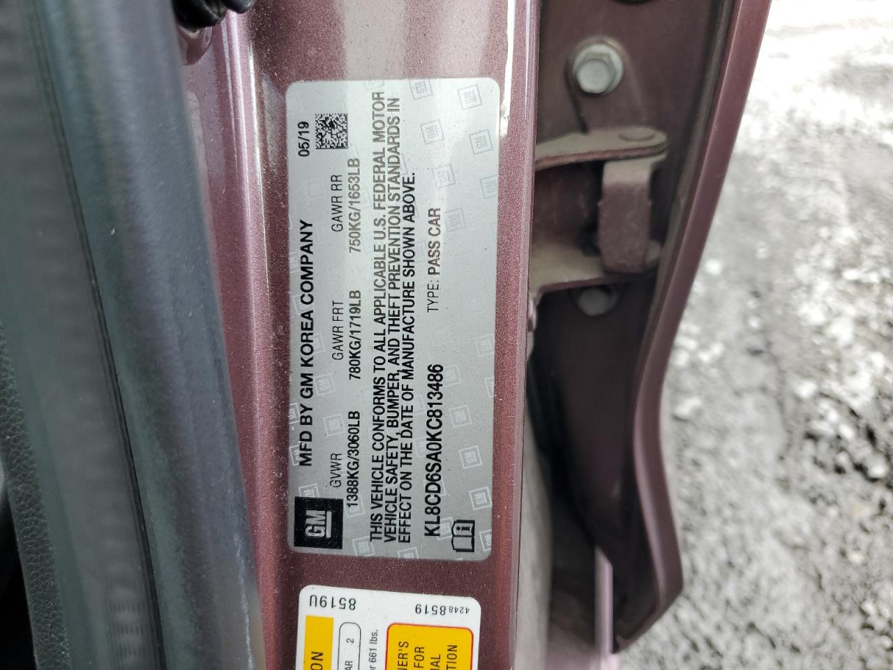 2019 Chevrolet Spark 1Lt VIN: KL8CD6SA0KC813486 Lot: 81601945