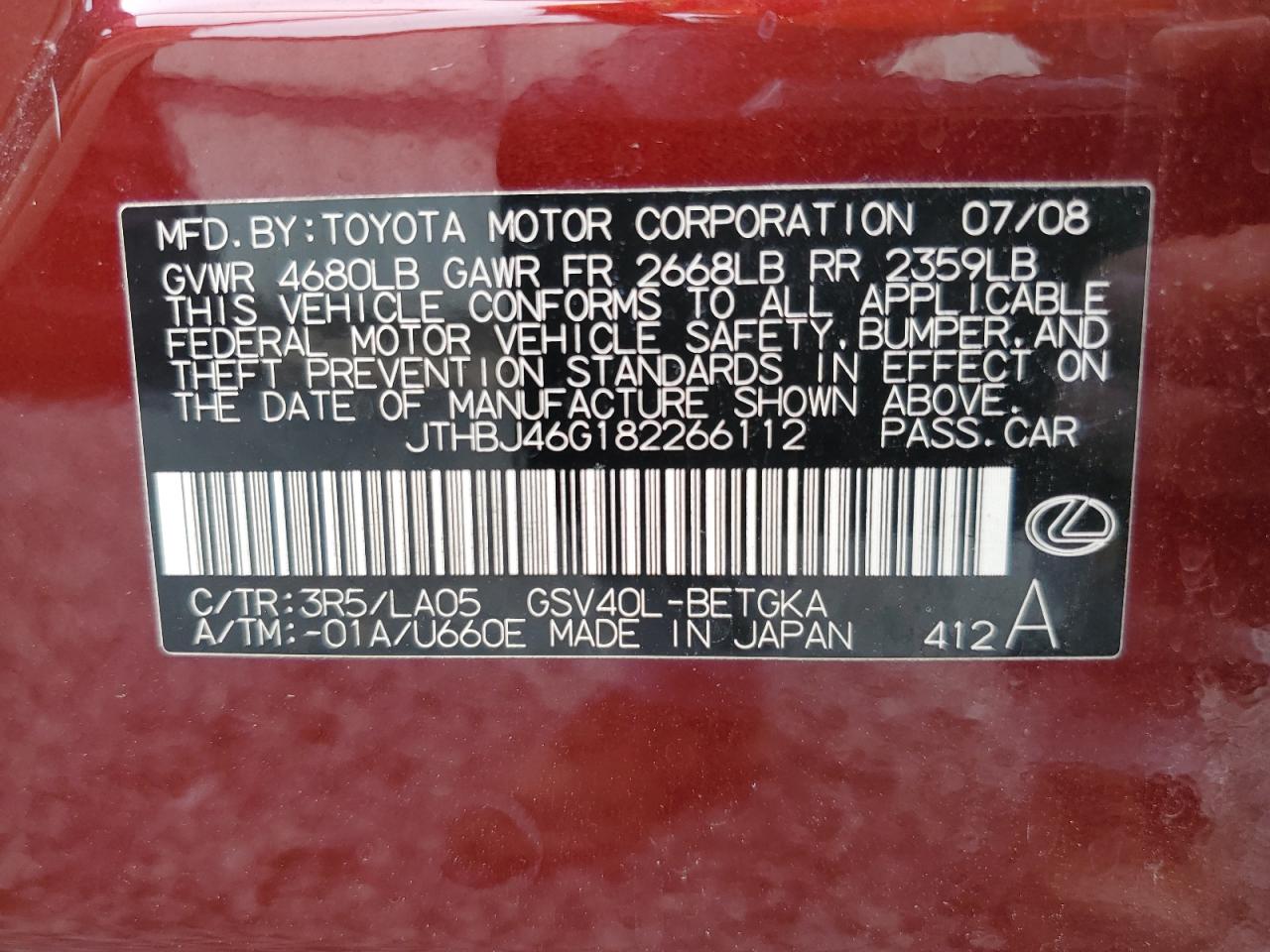 2008 Lexus Es 350 VIN: JTHBJ46G182266112 Lot: 81337535