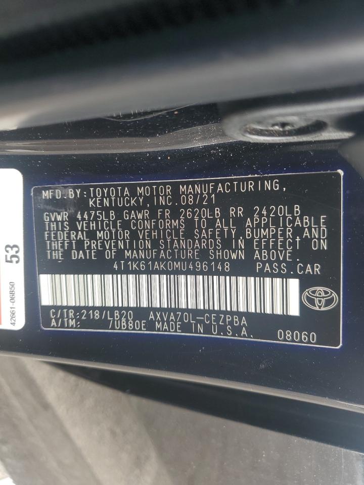 2021 Toyota Camry Xse VIN: 4T1K61AK0MU496148 Lot: 80221145