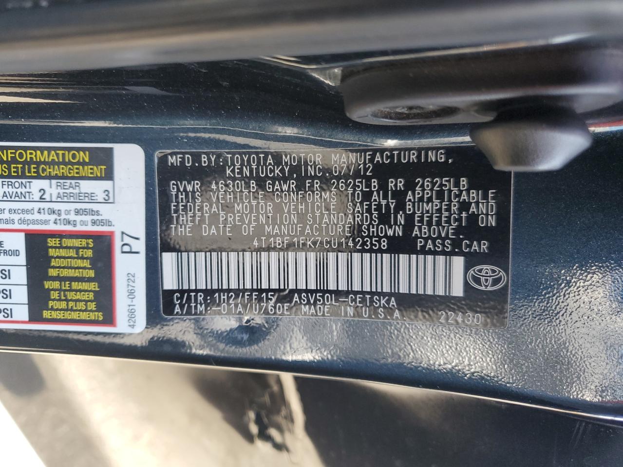 2012 Toyota Camry Base VIN: 4T1BF1FK7CU142358 Lot: 81338025