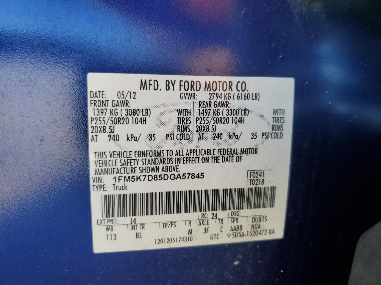 2013 Ford Explorer Xlt VIN: 1FM5K7D85DGA57845 Lot: 82069305