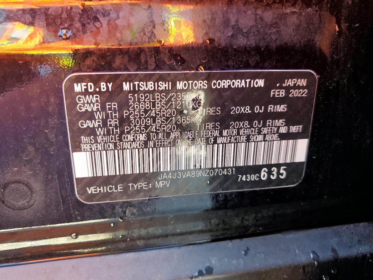 2022 Mitsubishi Outlander Sel VIN: JA4J3VA89NZ070431 Lot: 71291075