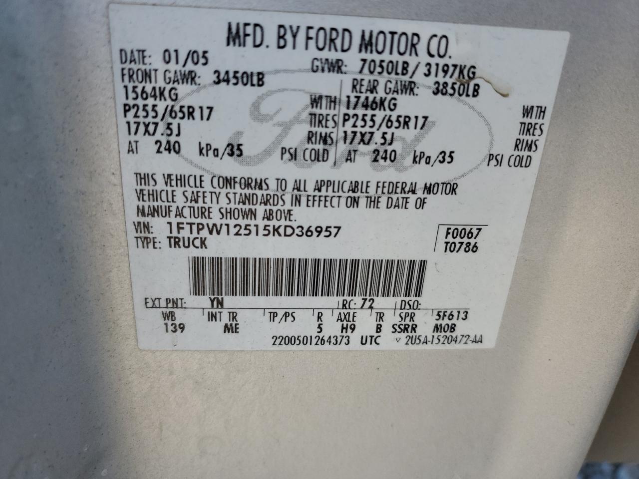 2005 Ford F150 Supercrew VIN: 1FTPW12515KD36957 Lot: 81740655