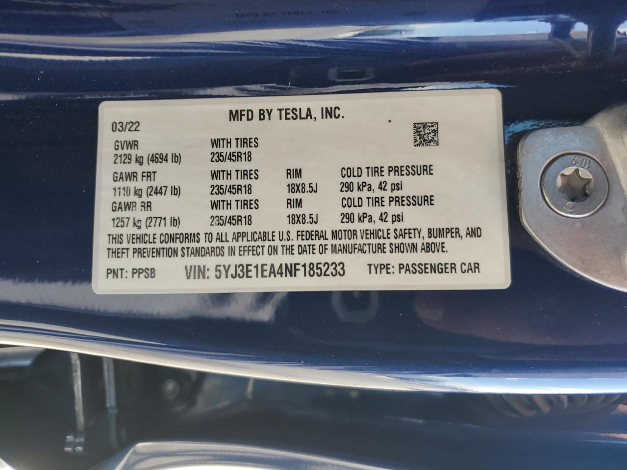 2022 Tesla Model 3 VIN: 5YJ3E1EA4NF185233 Lot: 81076405