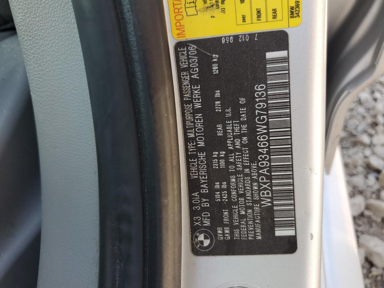 2006 BMW X3 3.0I VIN: WBXPA93466WG79136 Lot: 84224685