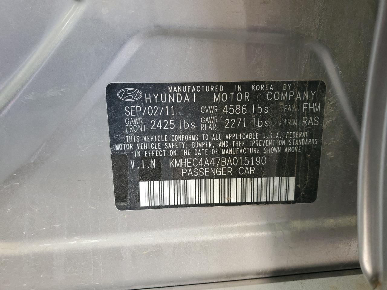 2011 Hyundai Sonata Hybrid VIN: KMHEC4A47BA015190 Lot: 80669695