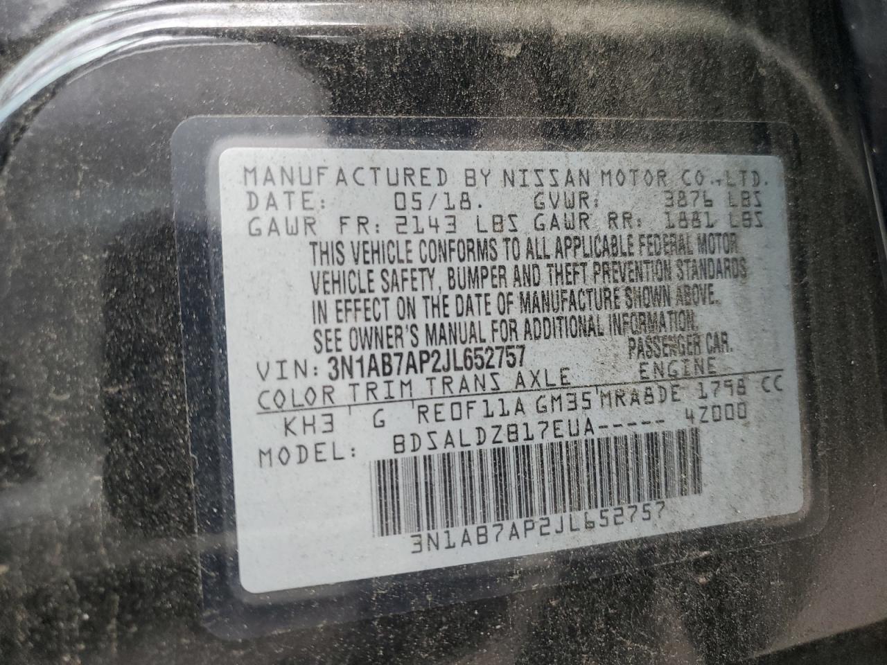 2018 Nissan Sentra S VIN: 3N1AB7AP2JL652757 Lot: 81894515