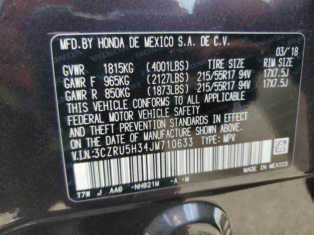 2018 Honda Hr-V Lx VIN: 3CZRU5H34JM710633 Lot: 84469645