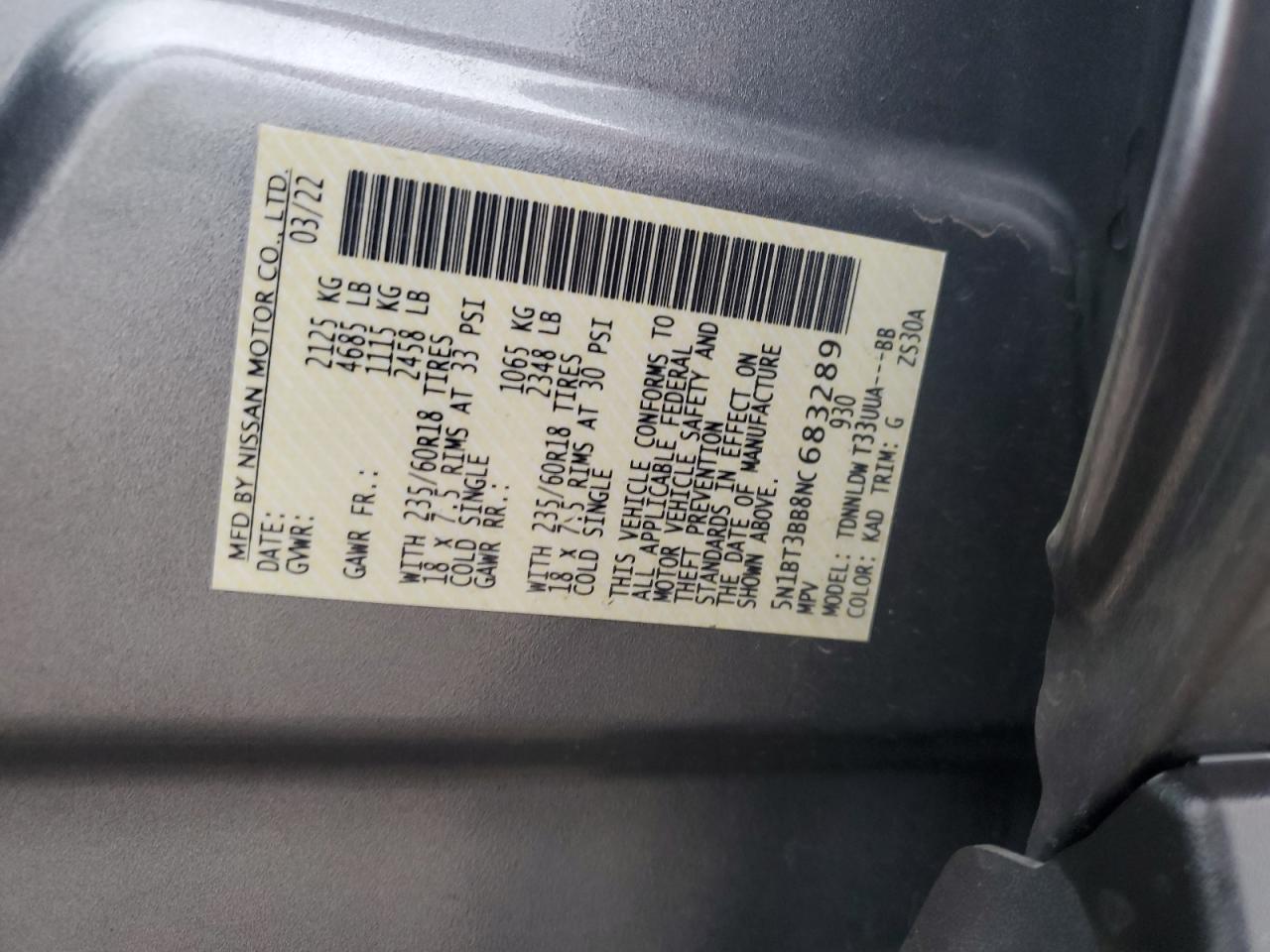 2022 Nissan Rogue Sv VIN: 5N1BT3BB8NC683289 Lot: 81789345