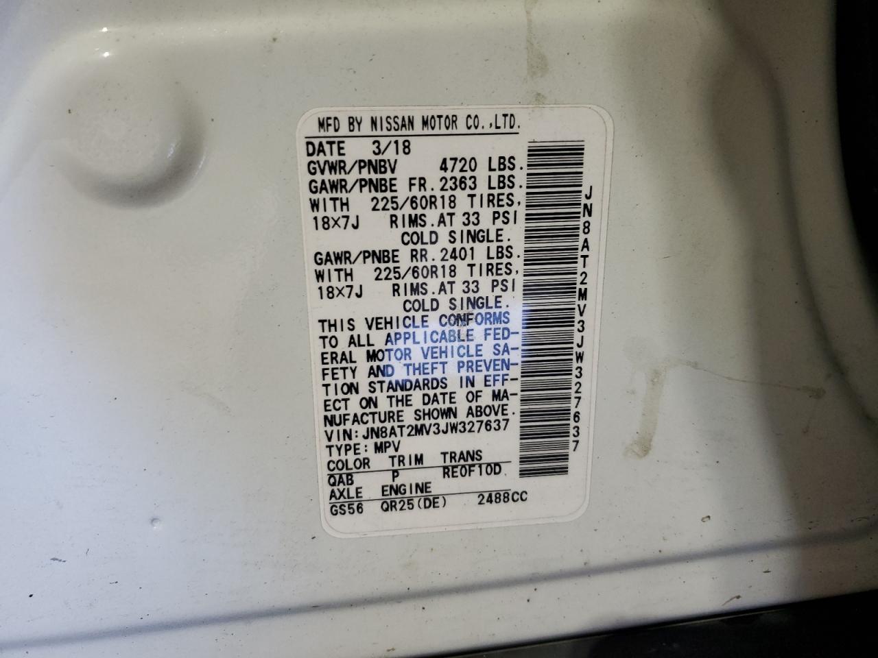 2018 Nissan Rogue S VIN: JN8AT2MV3JW327637 Lot: 80062605