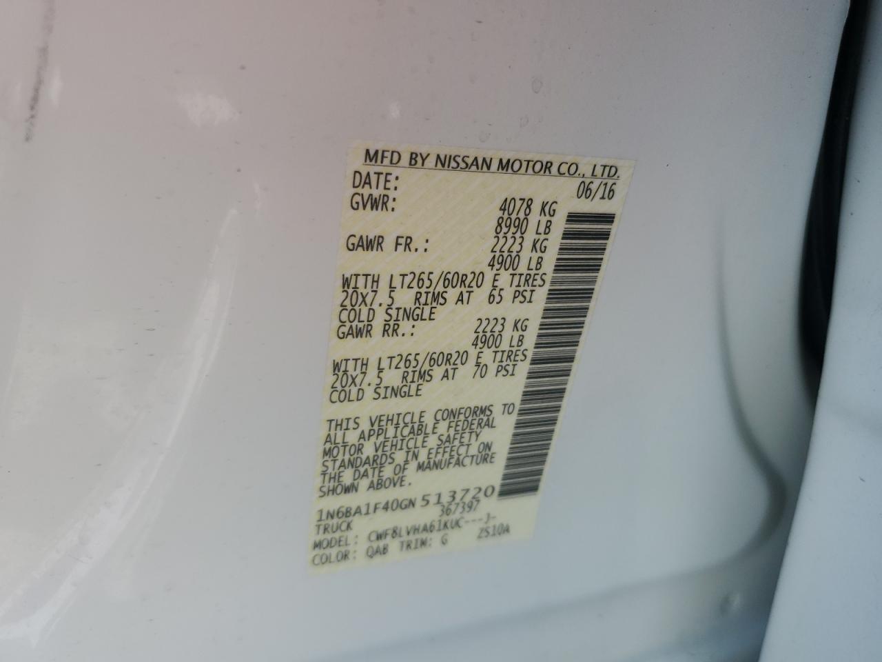 2016 Nissan Titan Xd Sl VIN: 1N6BA1F40GN513720 Lot: 70603085