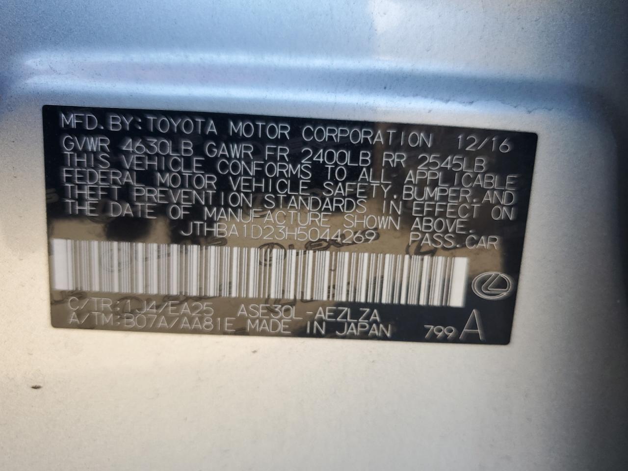 2017 Lexus Is 200T VIN: JTHBA1D23H5044269 Lot: 82101735