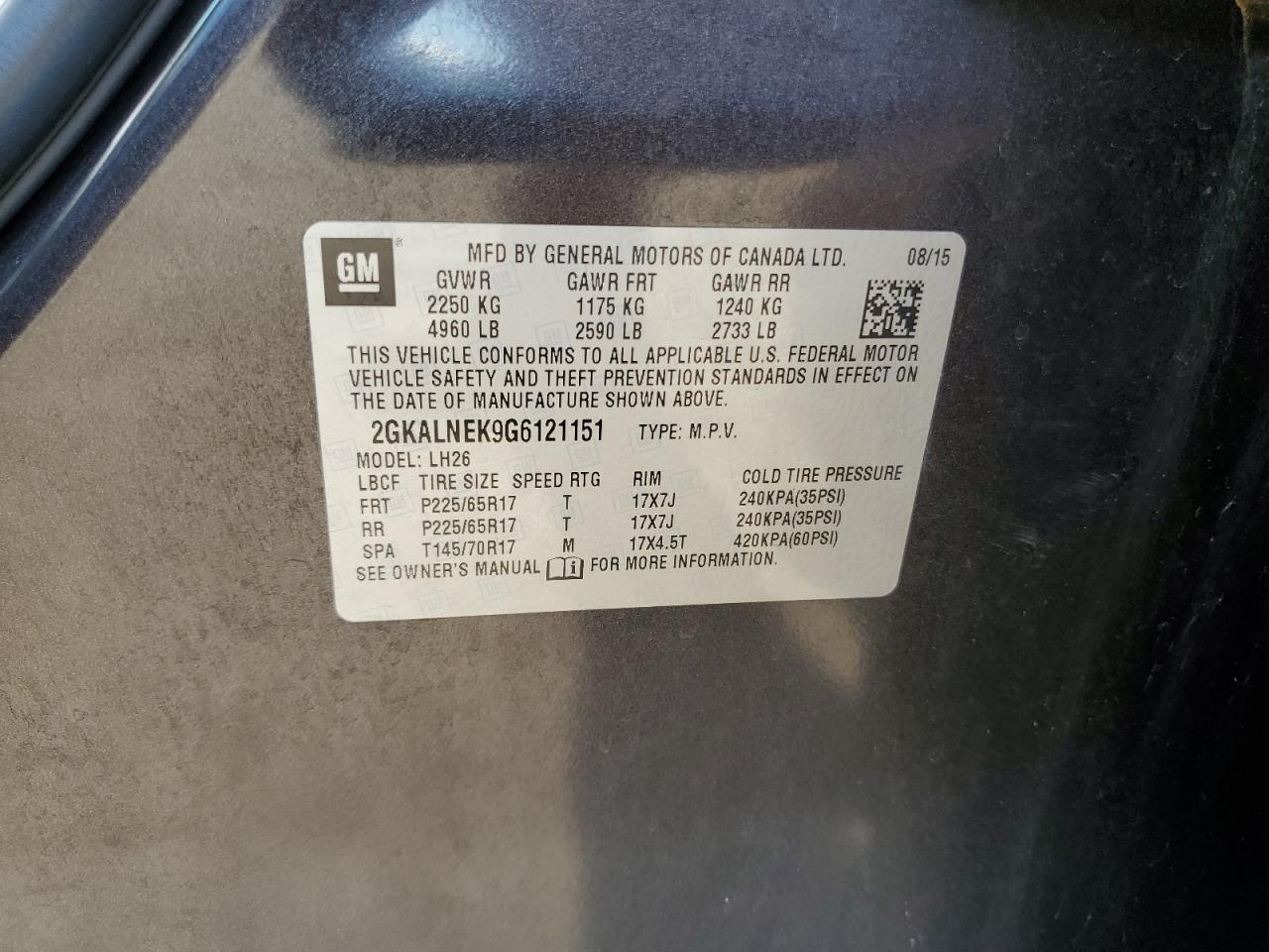 2016 GMC Terrain Sle VIN: 2GKALNEK9G6121151 Lot: 81343455