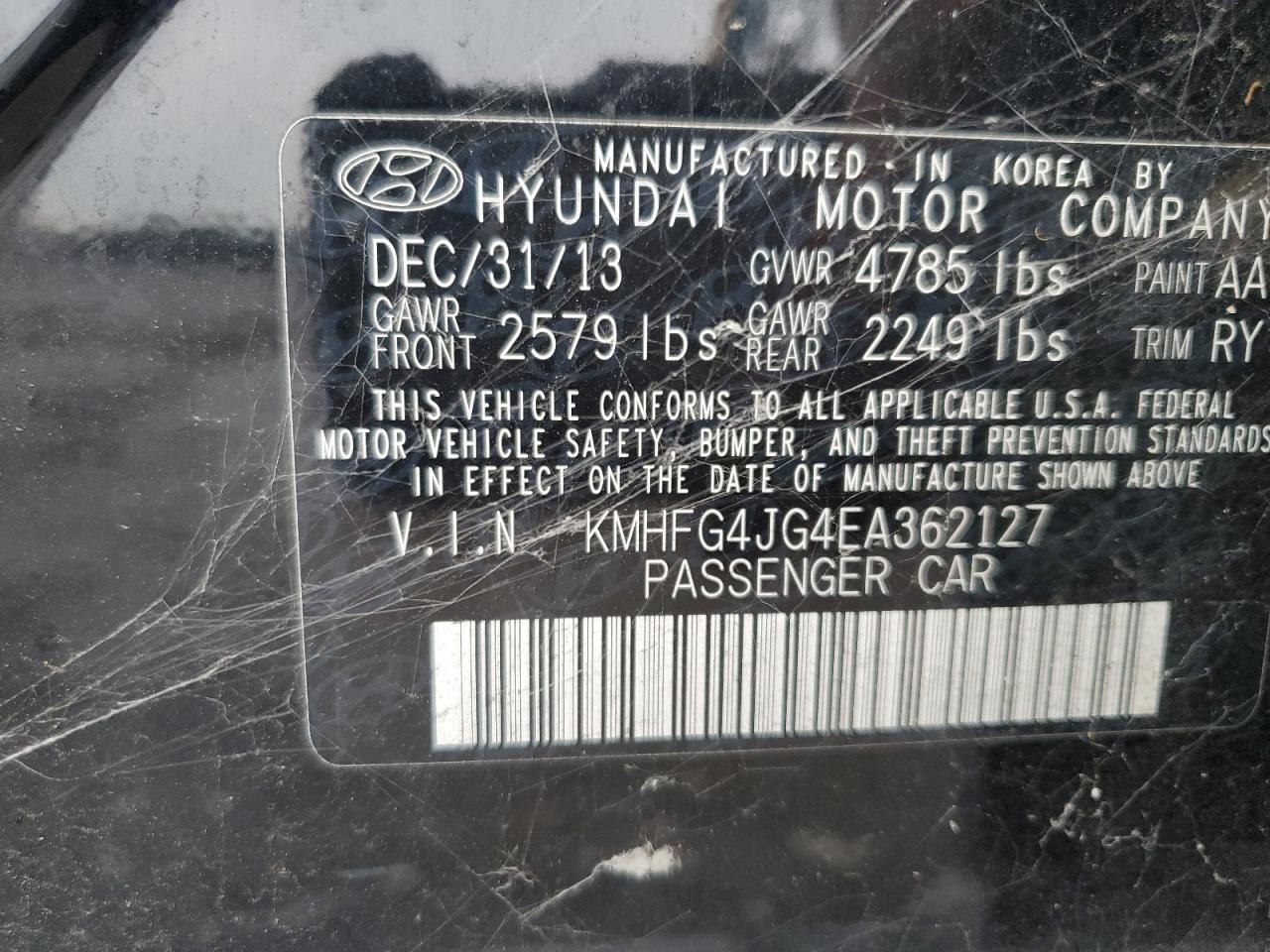 2014 Hyundai Azera VIN: KMHFG4JG4EA362127 Lot: 84774255