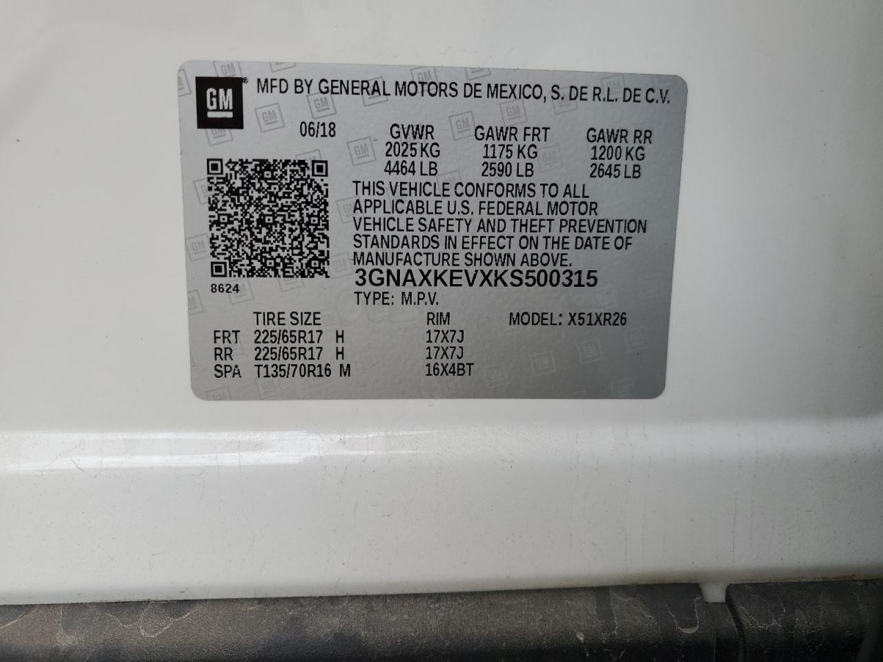 2019 Chevrolet Equinox Lt VIN: 3GNAXKEVXKS500315 Lot: 81587565